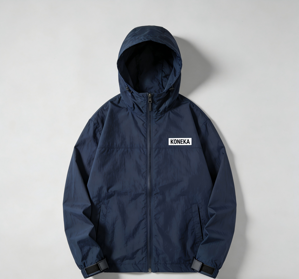 KONEKA Hooded Windbreaker Jacket, Navy Blue, Full Zip, Adjustable Cuffs, Water Resistant