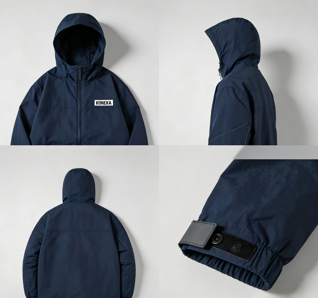 KONEKA Hooded Windbreaker Jacket, Navy Blue, Full Zip, Adjustable Cuffs, Water Resistant