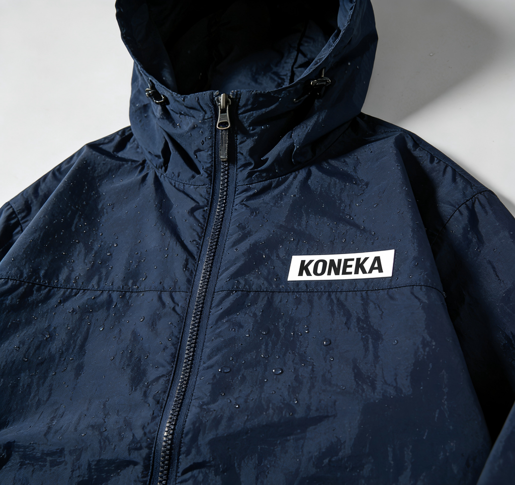 KONEKA Hooded Windbreaker Jacket, Navy Blue, Full Zip, Adjustable Cuffs, Water Resistant