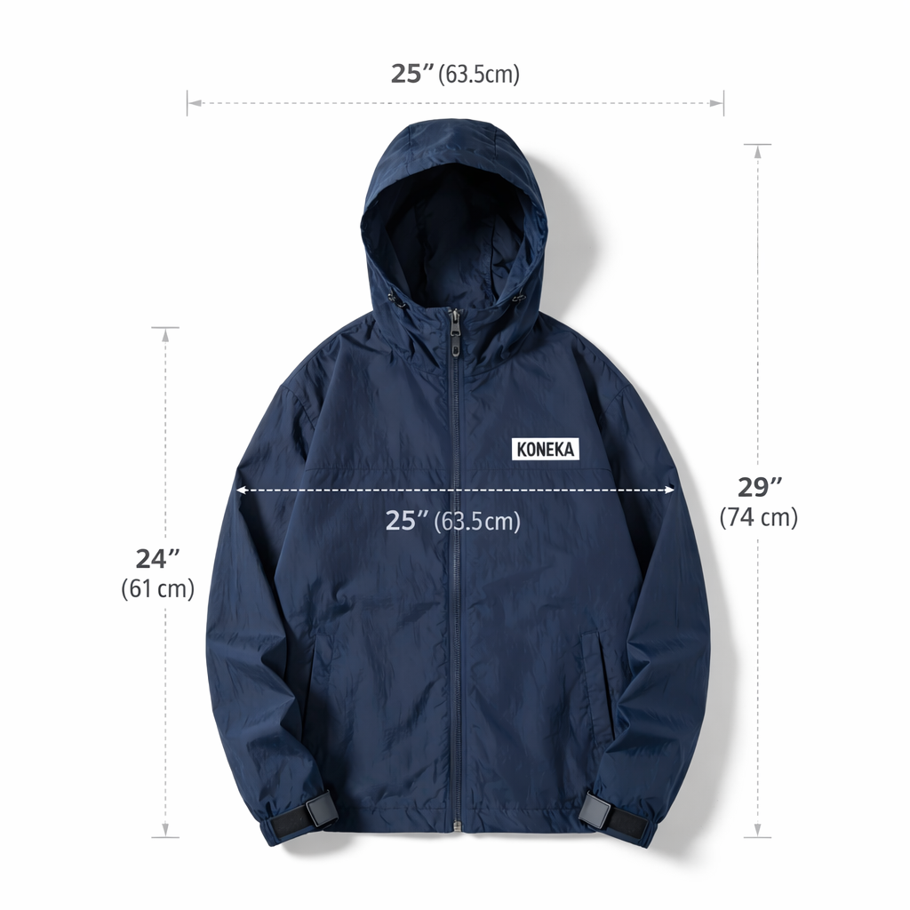 KONEKA Hooded Windbreaker Jacket, Navy Blue, Full Zip, Adjustable Cuffs, Water Resistant