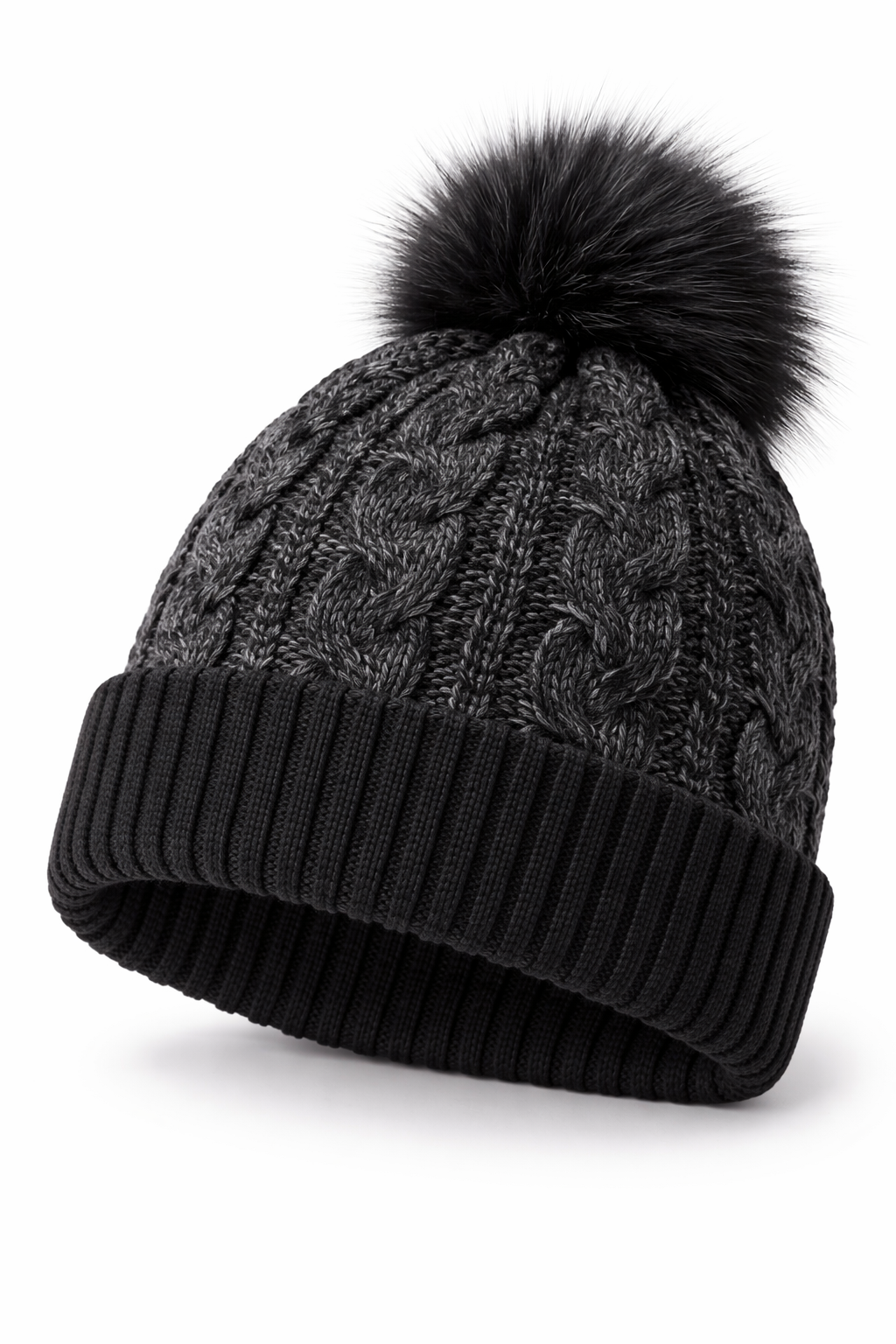 KONEKA Cable Knit Beanie Hat with Faux Fur Pom-Pom, Cream, Ribbed Cuff, Cozy Winter Accessory