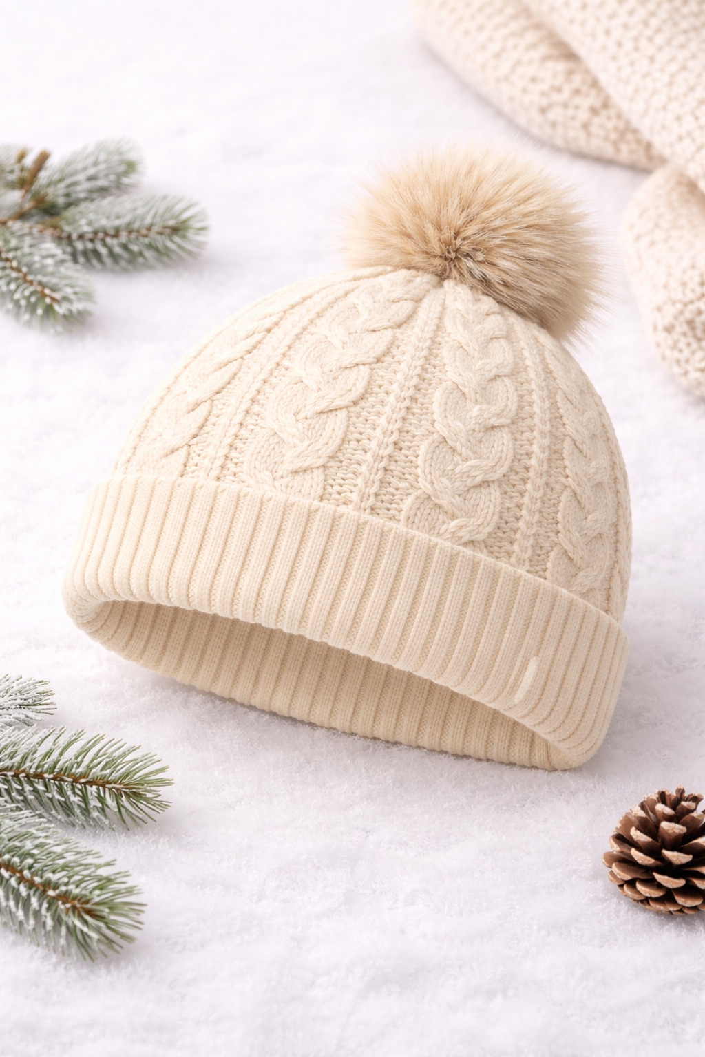 KONEKA Cable Knit Beanie Hat with Faux Fur Pom-Pom, Cream, Ribbed Cuff, Cozy Winter Accessory