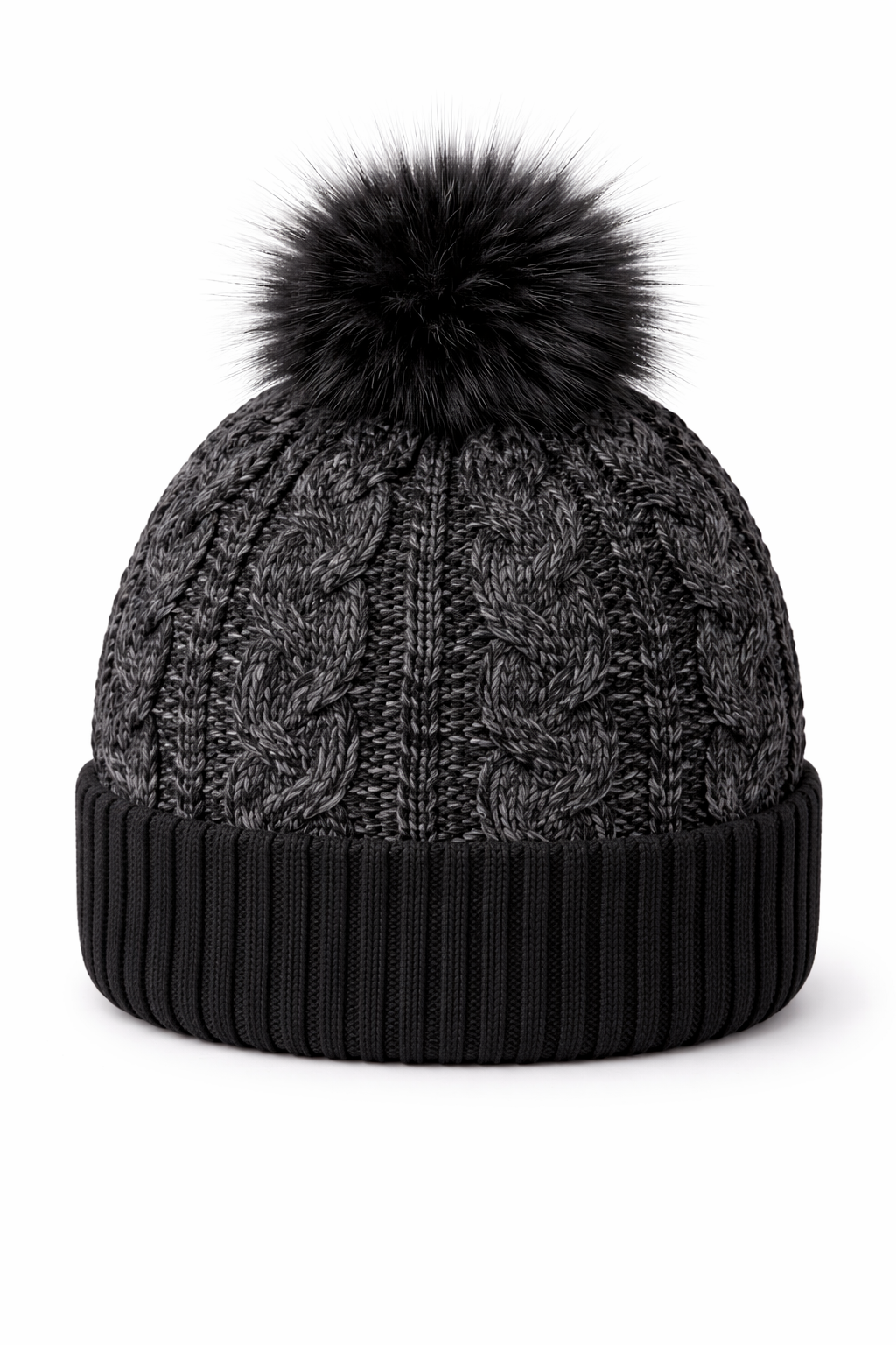 KONEKA Cable Knit Beanie Hat with Faux Fur Pom-Pom, Cream, Ribbed Cuff, Cozy Winter Accessory