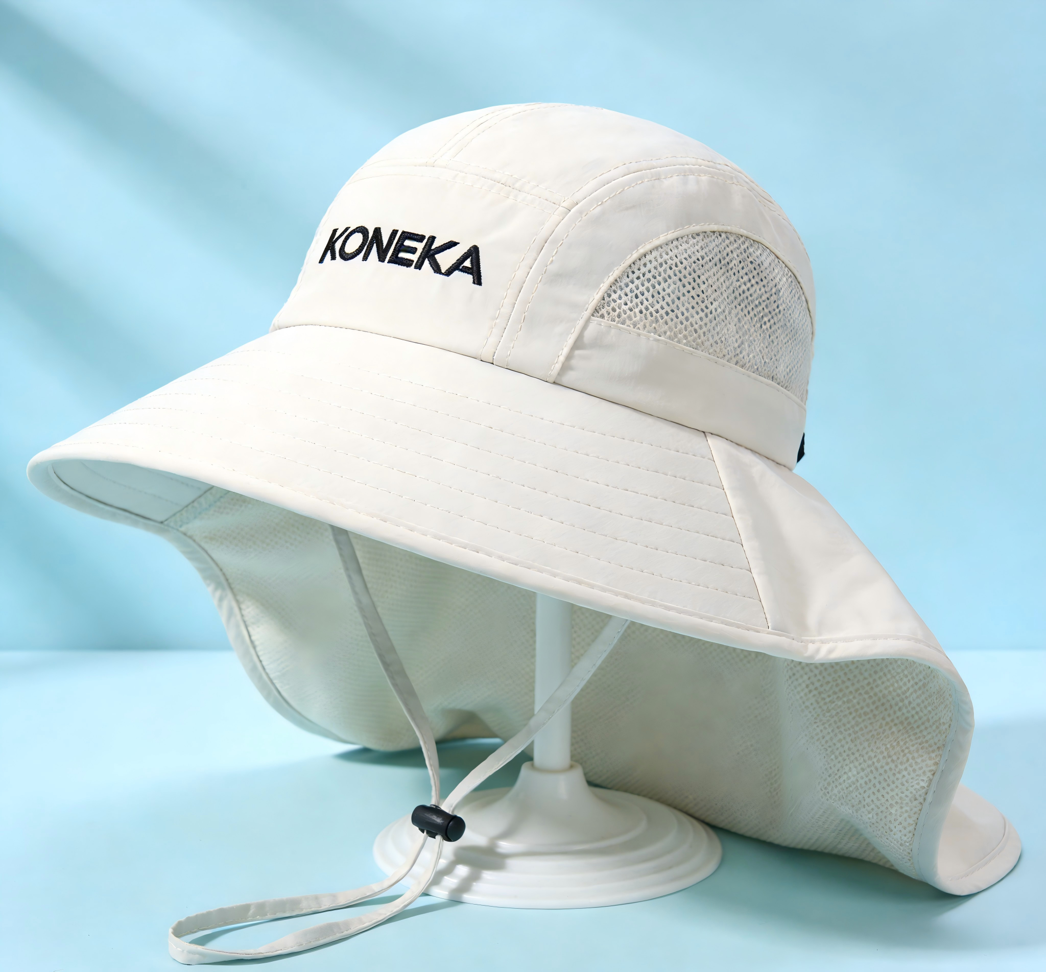 KONEKA Sun Hat with Neck Flap, Beige, Wide Brim, Mesh Ventilation, Adjustable Chin Strap, UPF 30 Protection, Unisex Adult
