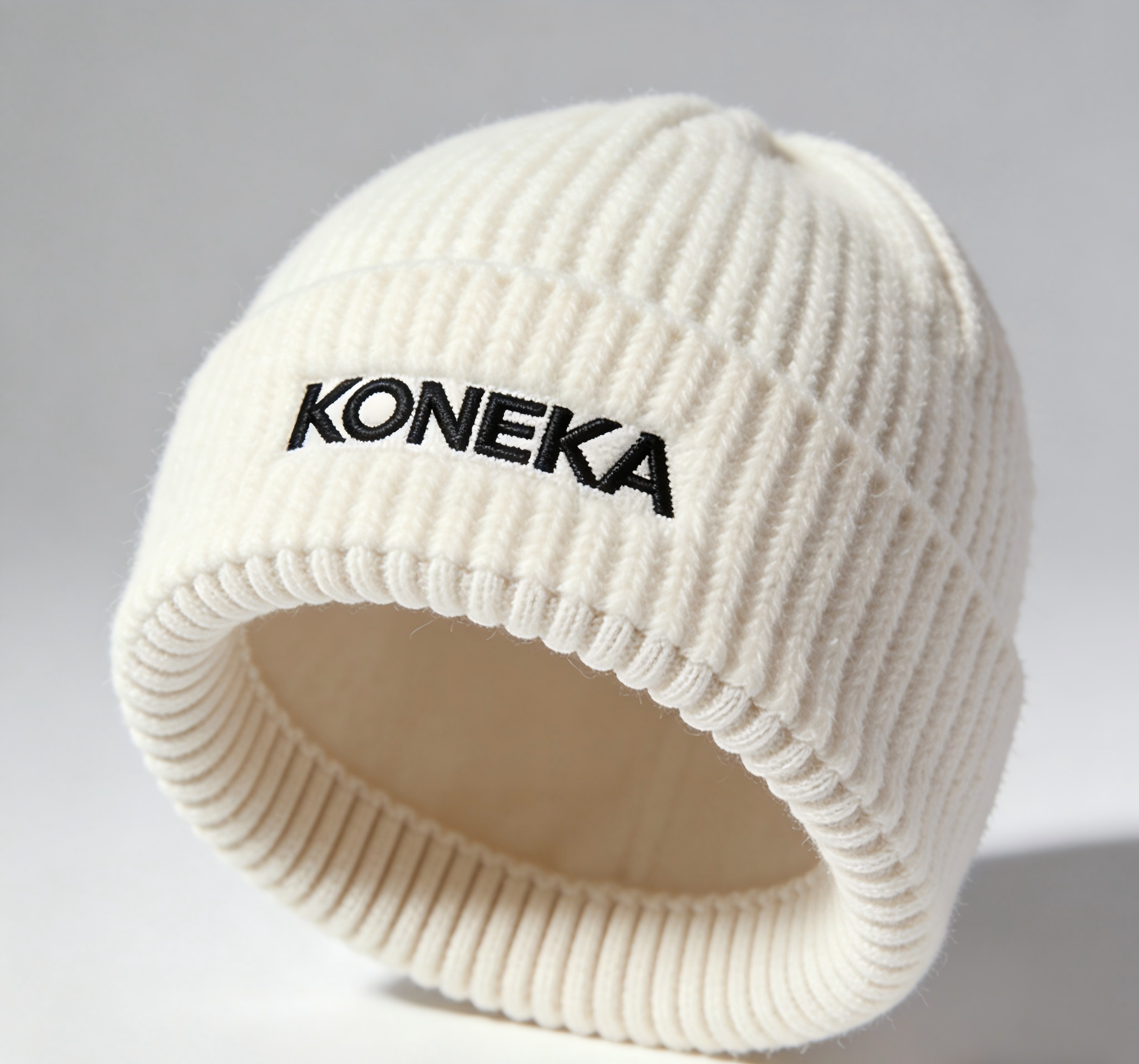KONEKA Ribbed Knit Beanie Hat, White, Embroidered Logo, Winter Warm Cap, 8.5 x 8 inches