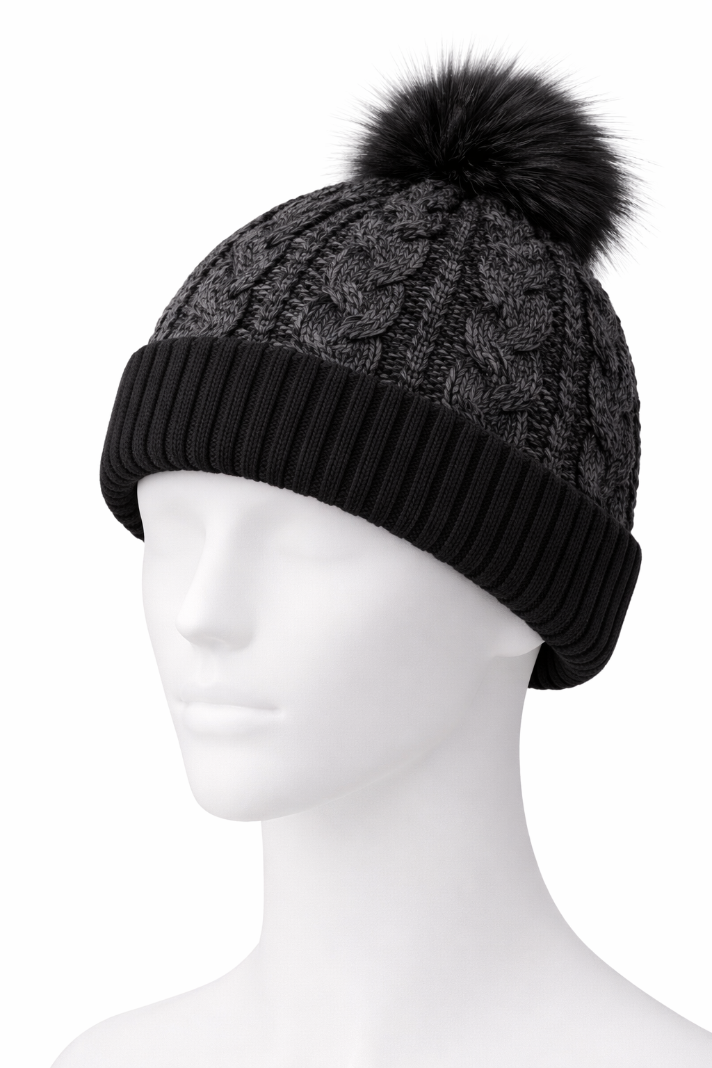 KONEKA Cable Knit Beanie Hat with Faux Fur Pom-Pom, Cream, Ribbed Cuff, Cozy Winter Accessory