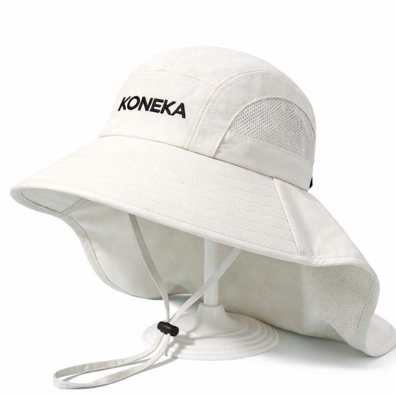 KONEKA Sun Hat with Neck Flap, Beige, Wide Brim, Mesh Ventilation, Adjustable Chin Strap, UPF 30 Protection, Unisex Adult