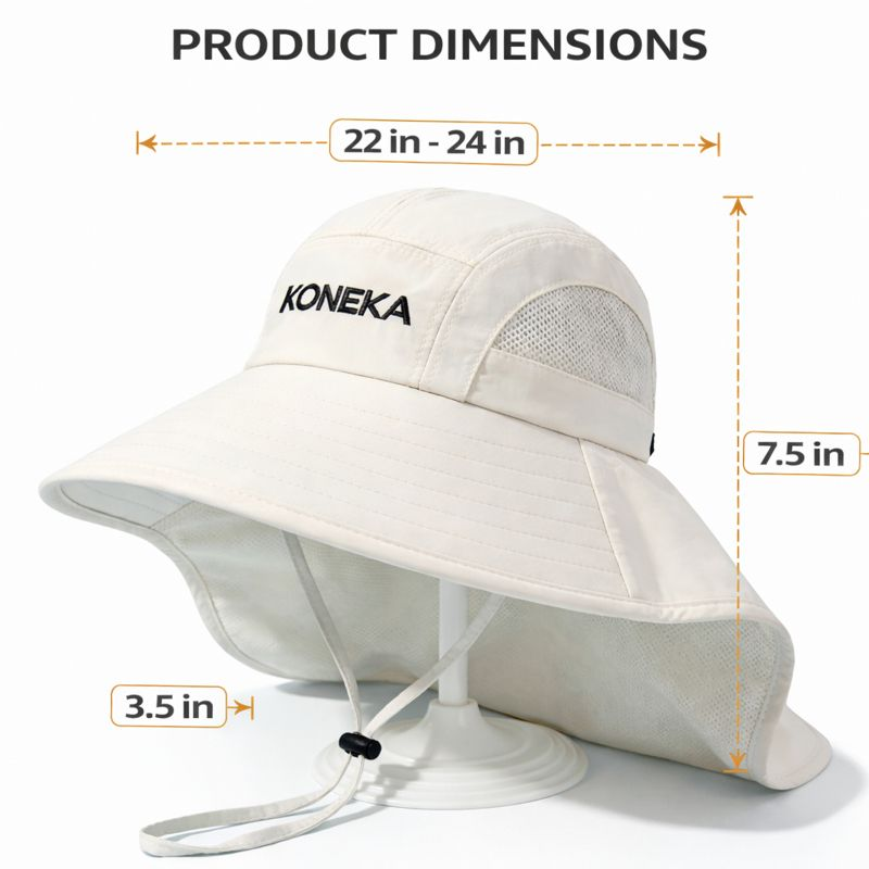 KONEKA Sun Hat with Neck Flap, Beige, Wide Brim, Mesh Ventilation, Adjustable Chin Strap, UPF 30 Protection, Unisex Adult