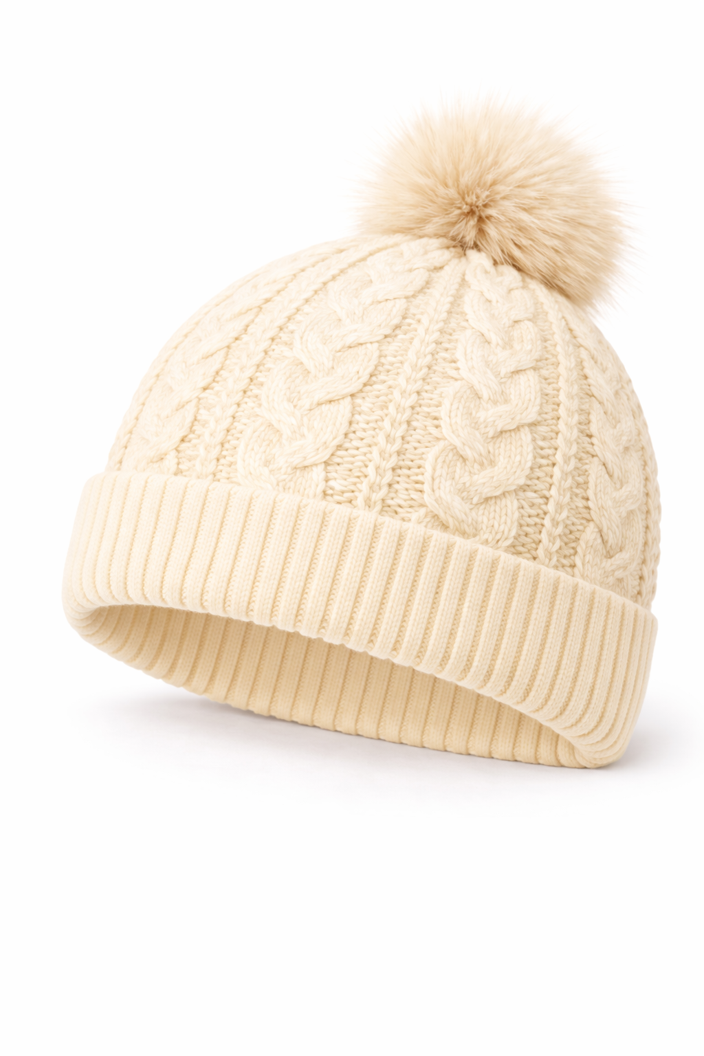 KONEKA Cable Knit Beanie Hat with Faux Fur Pom-Pom, Cream, Ribbed Cuff, Cozy Winter Accessory