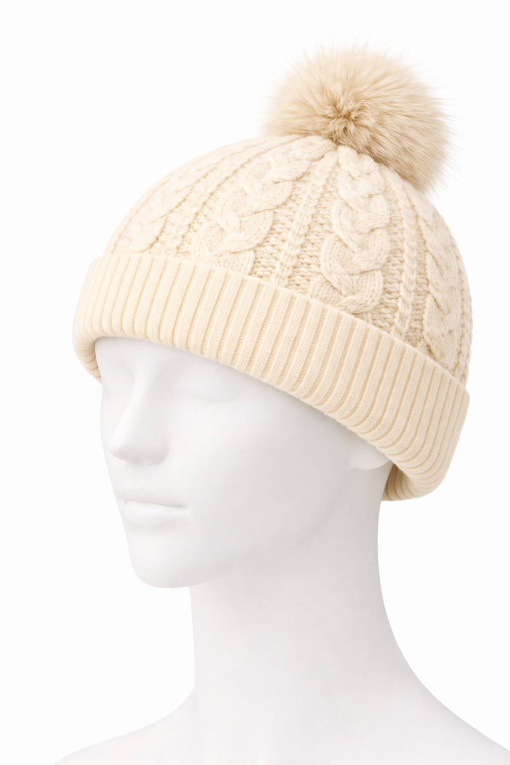 KONEKA Cable Knit Beanie Hat with Faux Fur Pom-Pom, Cream, Ribbed Cuff, Cozy Winter Accessory