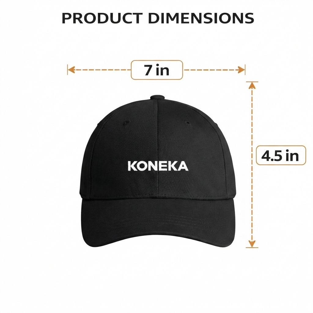 KONEKA Baseball Cap, Black, Embroidered Logo, Adjustable Hat, 7 x 4.5 inches
