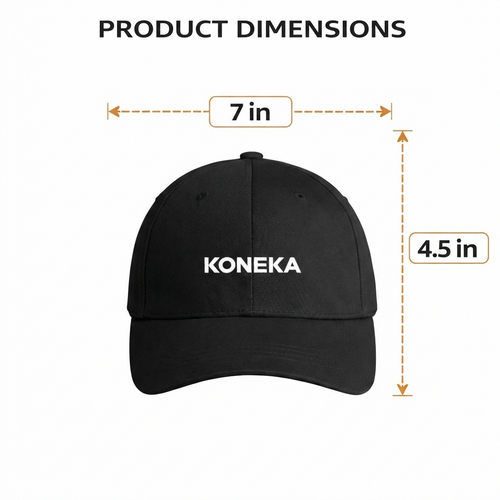 KONEKA Baseball Cap, Black, Embroidered Logo, Adjustable Hat, 7 x 4.5 inches