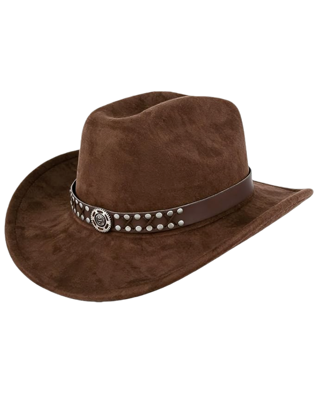 KONEKA Western Cowboy Hat with Sheriff Star Badge, Brown Studded Leather Band, Tan Suede Material, Classic Style