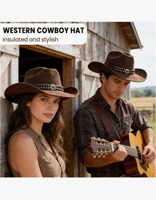 KONEKA Western Cowboy Hat with Sheriff Star Badge, Brown Studded Leather Band, Tan Suede Material, Classic Style