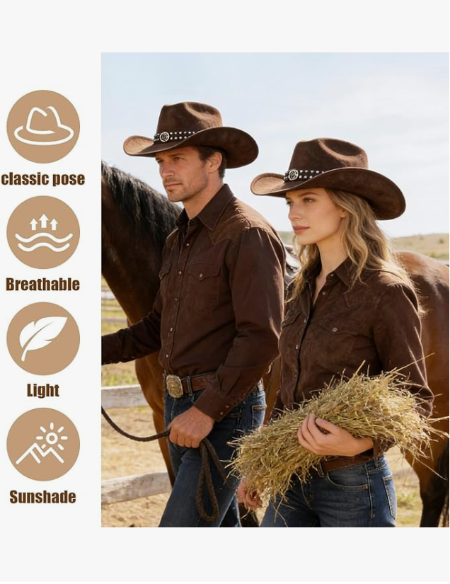 KONEKA Western Cowboy Hat with Sheriff Star Badge, Brown Studded Leather Band, Tan Suede Material, Classic Style