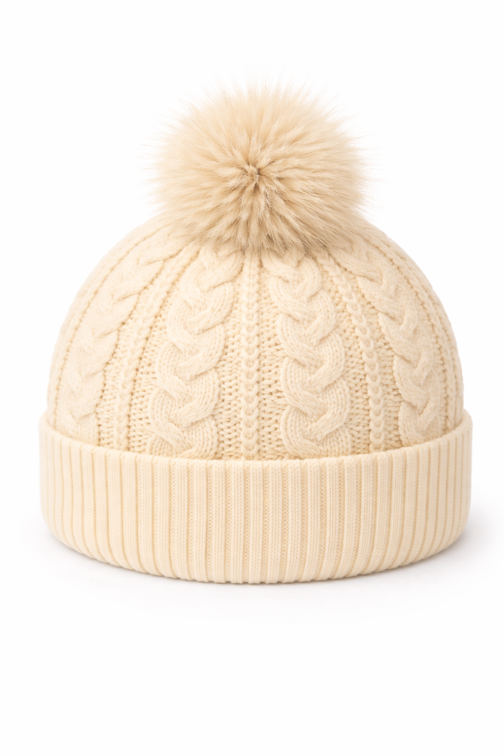 KONEKA Cable Knit Beanie Hat with Faux Fur Pom-Pom, Cream, Ribbed Cuff, Cozy Winter Accessory