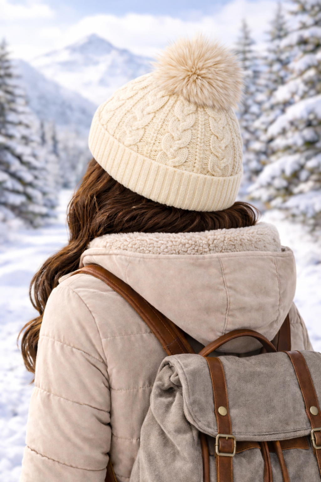KONEKA Cable Knit Beanie Hat with Faux Fur Pom-Pom, Cream, Ribbed Cuff, Cozy Winter Accessory