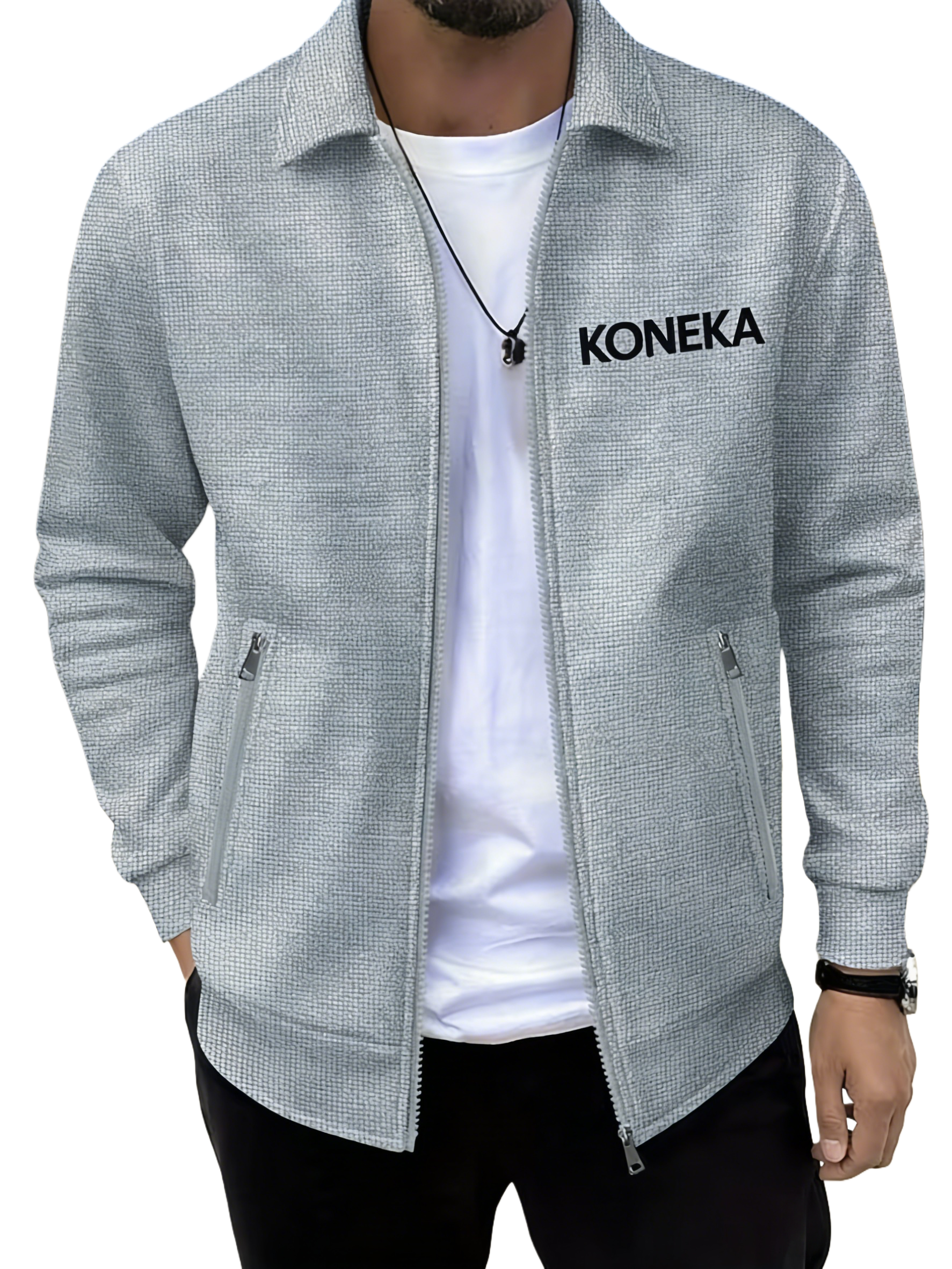 KONEKA Mens Lightweight Zip Up Cardigan Shirt Jacket Laydown Collar Solid Color Long Sleeve Waffle Jackets Business Casual