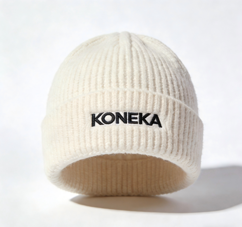 KONEKA Ribbed Knit Beanie Hat, White, Embroidered Logo, Winter Warm Cap, 8.5 x 8 inches