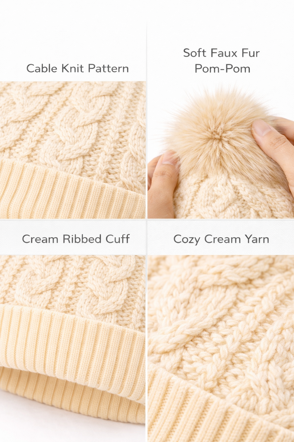 KONEKA Cable Knit Beanie Hat with Faux Fur Pom-Pom, Cream, Ribbed Cuff, Cozy Winter Accessory
