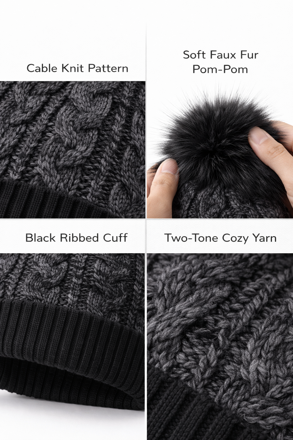 KONEKA Cable Knit Beanie Hat with Faux Fur Pom-Pom, Cream, Ribbed Cuff, Cozy Winter Accessory