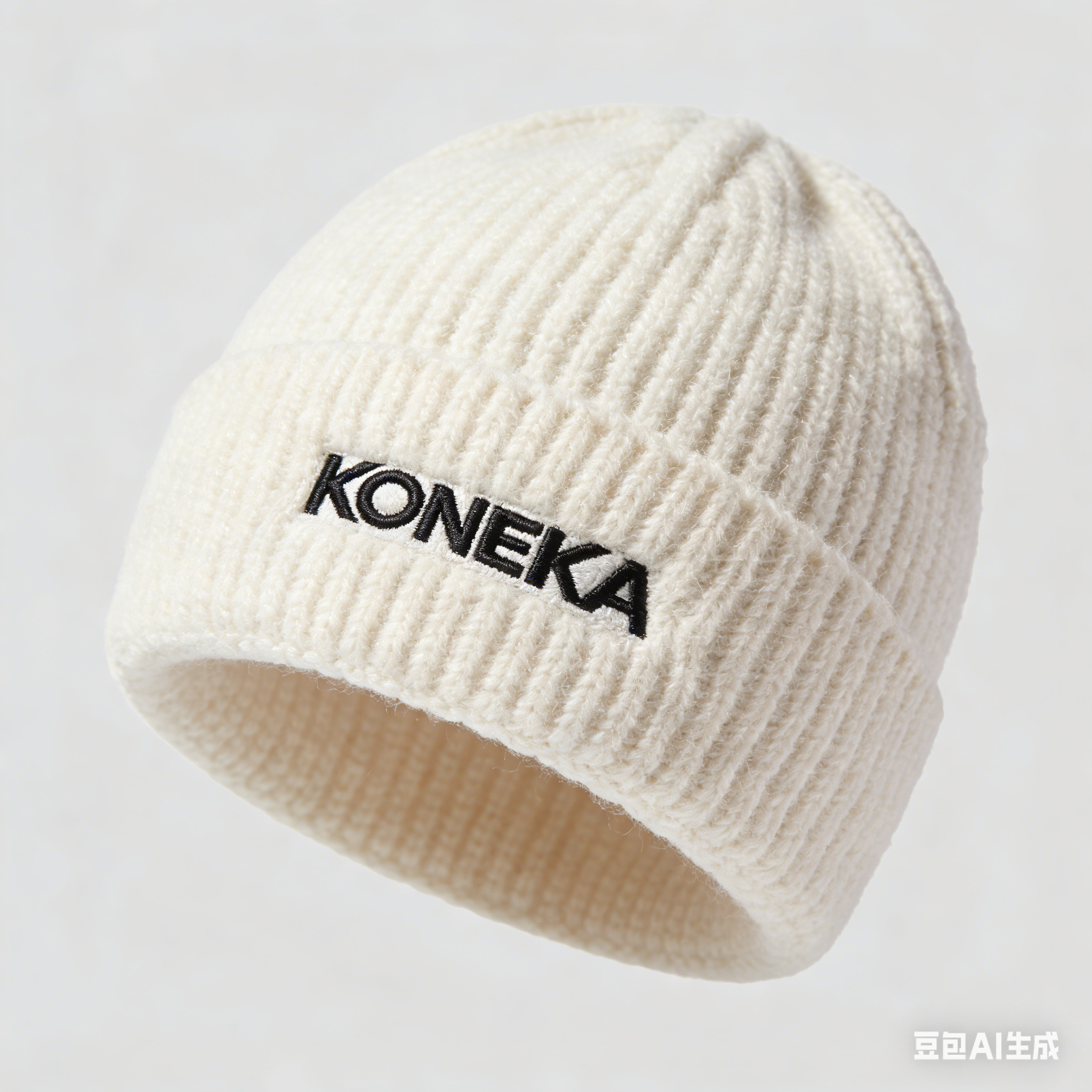 KONEKA Ribbed Knit Beanie Hat, White, Embroidered Logo, Winter Warm Cap, 8.5 x 8 inches