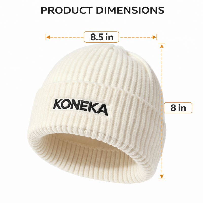 KONEKA Ribbed Knit Beanie Hat, White, Embroidered Logo, Winter Warm Cap, 8.5 x 8 inches
