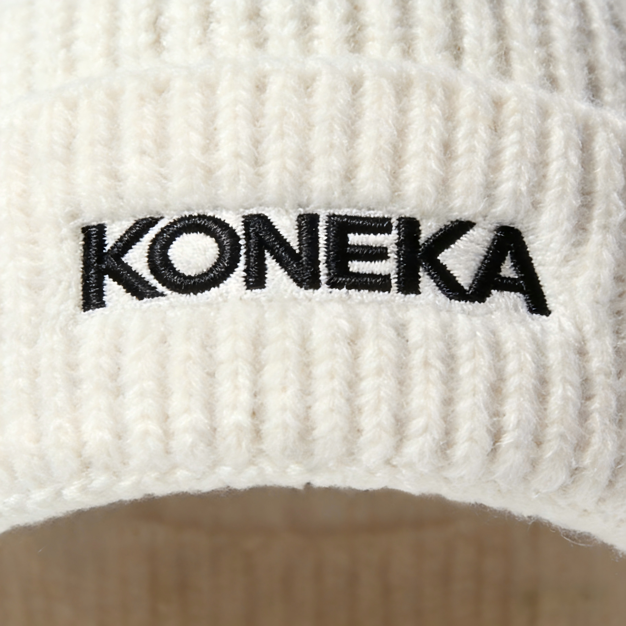 KONEKA Ribbed Knit Beanie Hat, White, Embroidered Logo, Winter Warm Cap, 8.5 x 8 inches